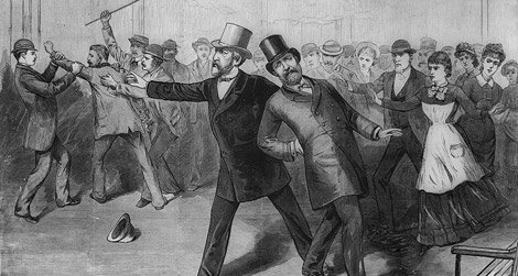 An artist’s rendering of the attack on President Garfield by Charles Guiteau